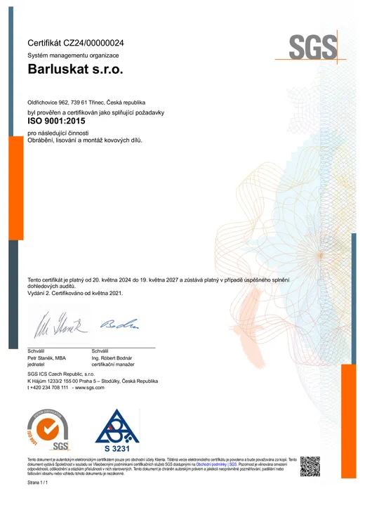 Český certifikát systému řízení kvality DIN EN ISO 9001