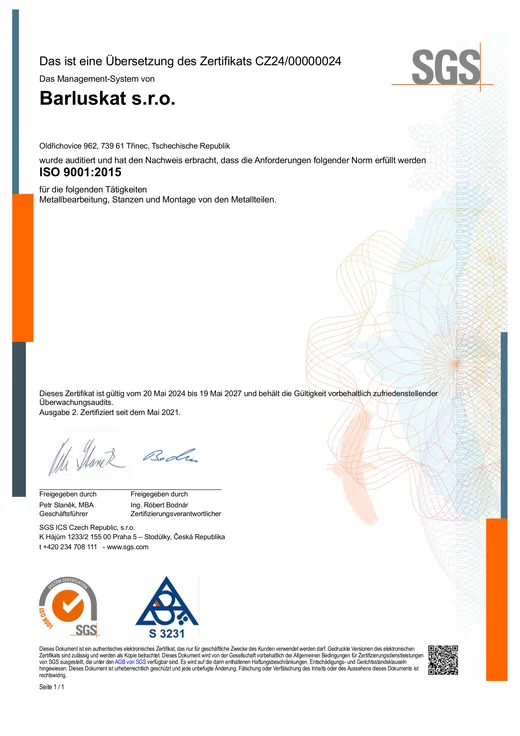 Německý certifikát systému řízení kvality DIN EN ISO 9001