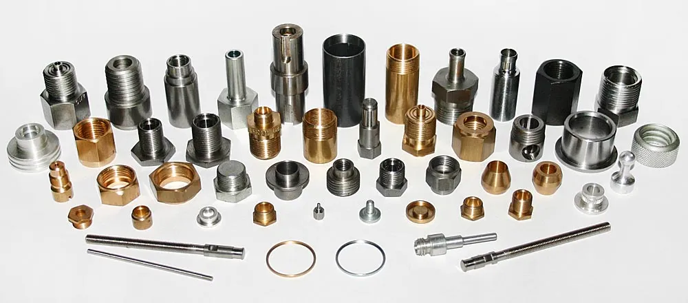 Range of turned parts by Barluskat — nuts, bushings, nipples, reducers, fittings and pins in steel, brass and aluminium